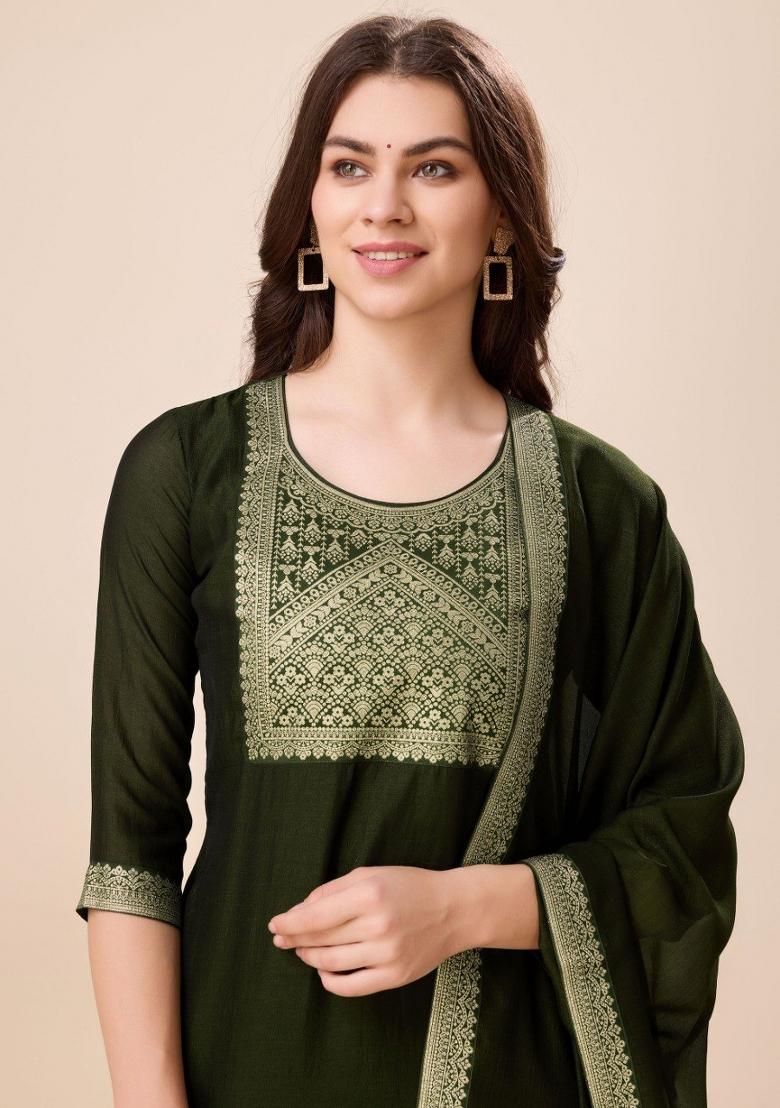 Green Printed Vichitra Silk Salwar Kameez With Dupatta
