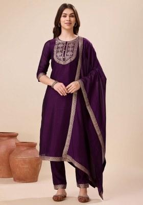 Purple Printed Vichitra Silk Salwar Kameez With Dupatta