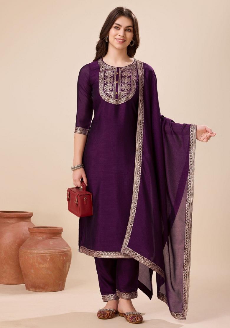 Purple Printed Vichitra Silk Salwar Kameez With Dupatta