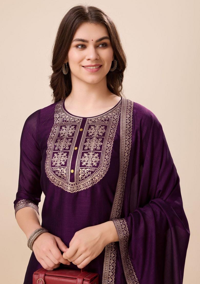 Purple Printed Vichitra Silk Salwar Kameez With Dupatta