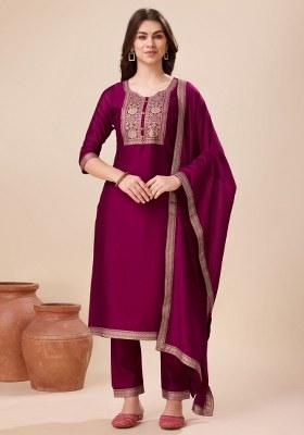 Wine Printed Vichitra Silk Salwar Kameez With Dupatta