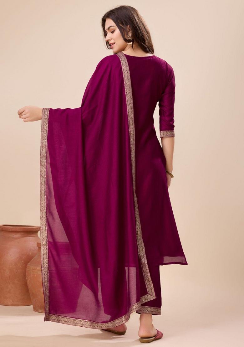 Wine Printed Vichitra Silk Salwar Kameez With Dupatta