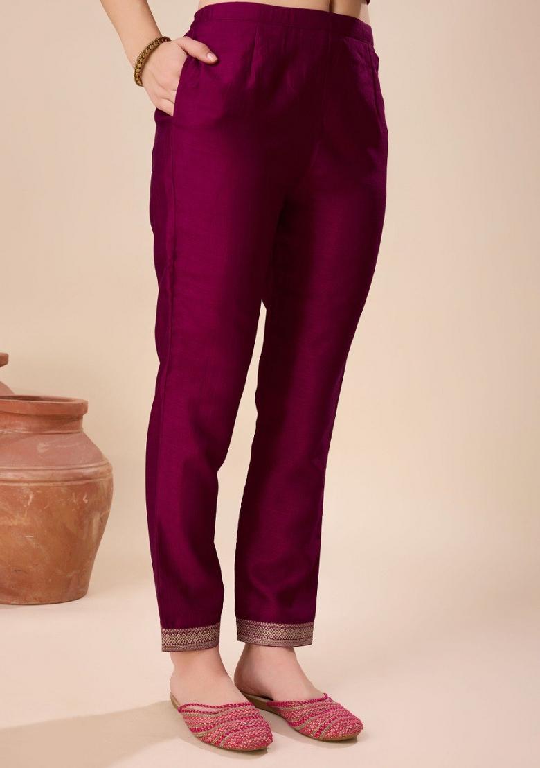 Wine Printed Vichitra Silk Salwar Kameez With Dupatta