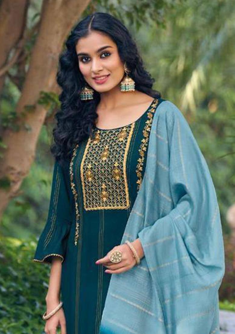 Rama Green Embroidered Viscose Rayon Salwar Kameez With Dupatta