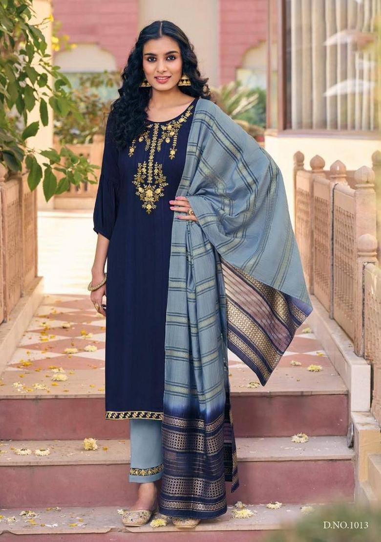 Blue Embroidered Viscose Rayon Salwar Kameez With Dupatta