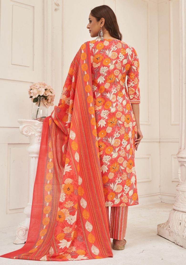 Peach Printed Cotton Salwar Kameez With Dupatta