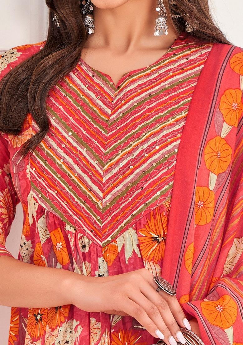 Peach Printed Cotton Salwar Kameez With Dupatta