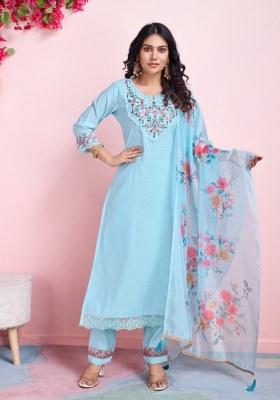Sky Blue Embroidered Viscose Silk Salwar Kameez With Dupatta