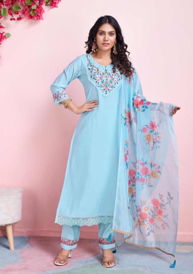 Sky Blue Embroidered Viscose Silk Salwar Kameez With Dupatta