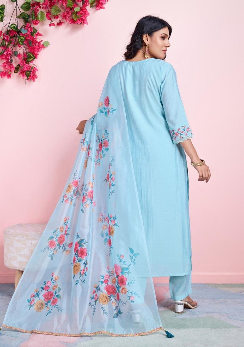 Sky Blue Embroidered Viscose Silk Salwar Kameez With Dupatta