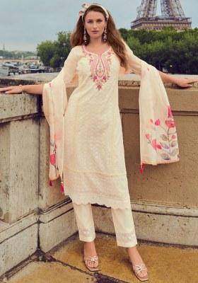 Off White Embroidered Chanderi Silk Salwar Kameez With Dupatta