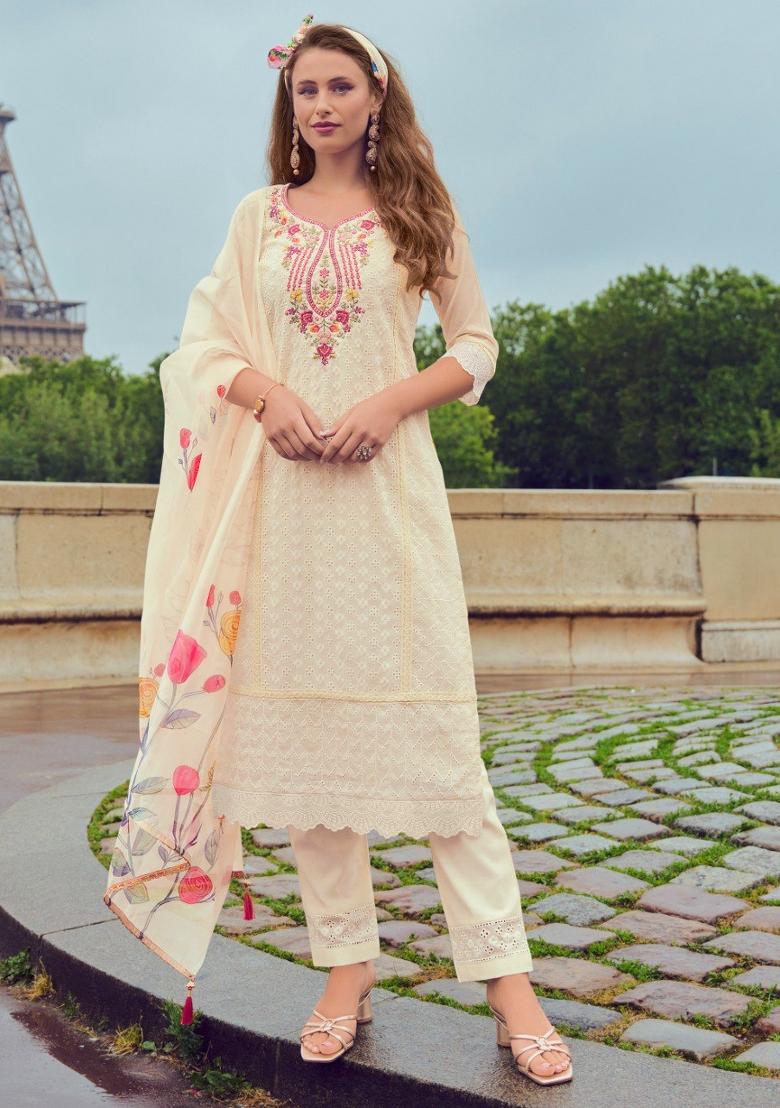 Off White Embroidered Chanderi Silk Salwar Kameez With Dupatta