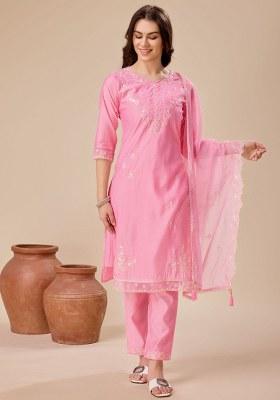Pink Embroidered Viscose Silk Salwar Kameez With Dupatta