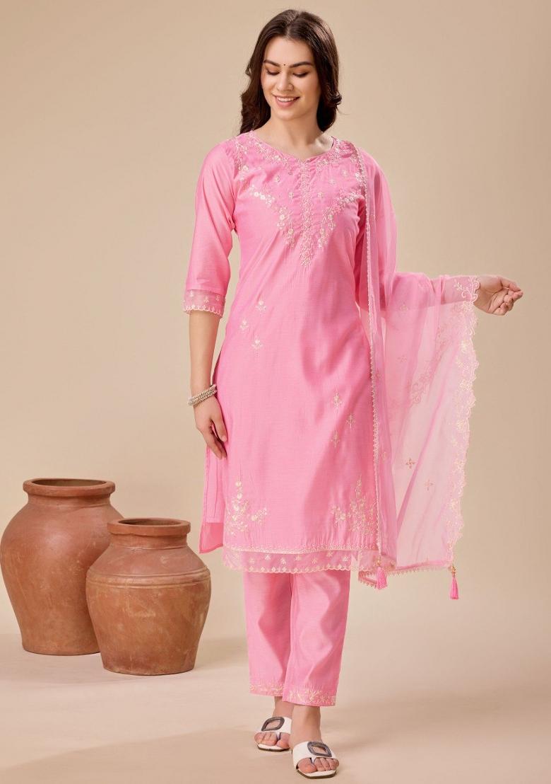 Pink Embroidered Viscose Silk Salwar Kameez With Dupatta