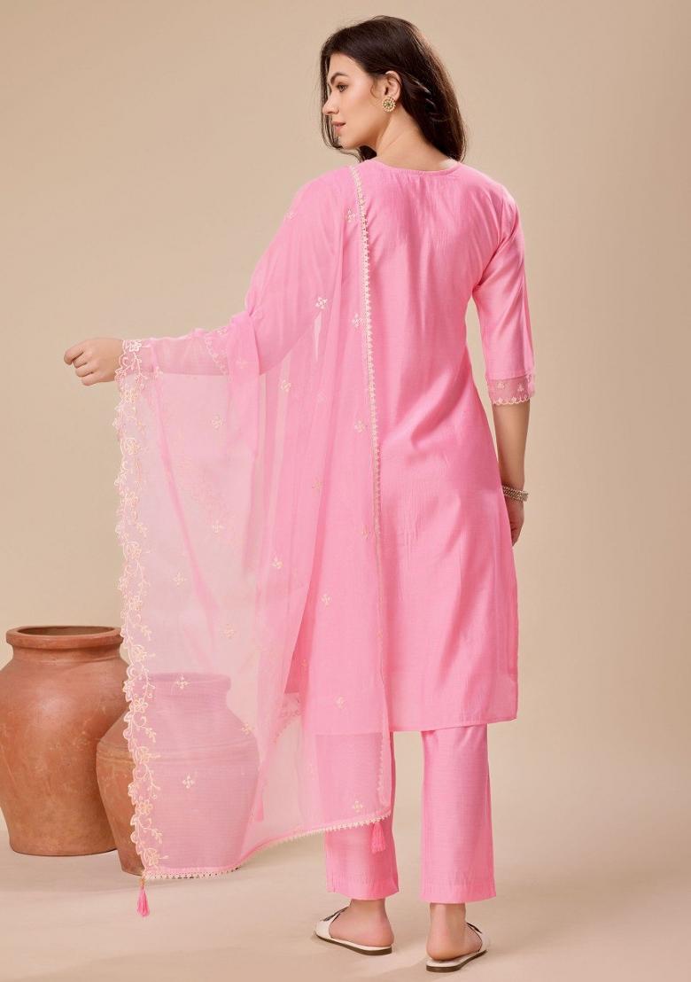 Pink Embroidered Viscose Silk Salwar Kameez With Dupatta