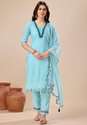 Sky Blue Embroidered Viscose Silk Salwar Kameez With Dupatta