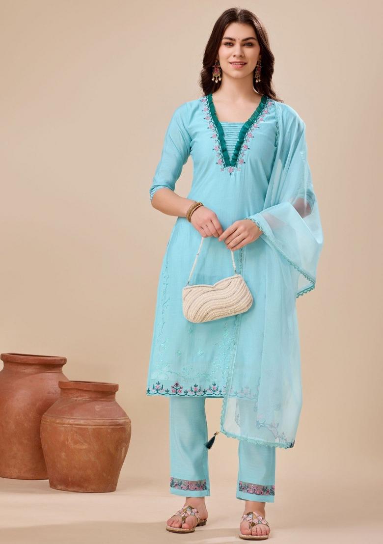 Sky Blue Embroidered Viscose Silk Salwar Kameez With Dupatta