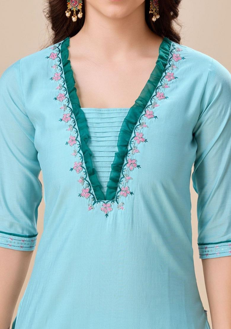 Sky Blue Embroidered Viscose Silk Salwar Kameez With Dupatta