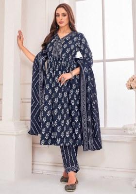 Navy Blue Printed Cotton Salwar Kameez With Dupatta