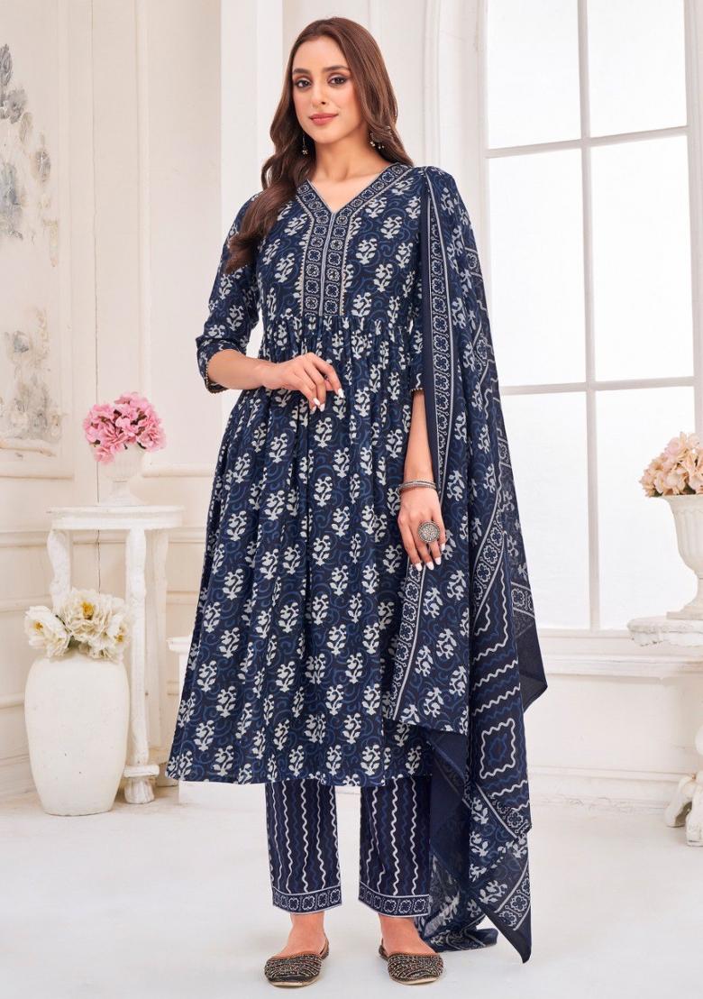 Navy Blue Printed Cotton Salwar Kameez With Dupatta