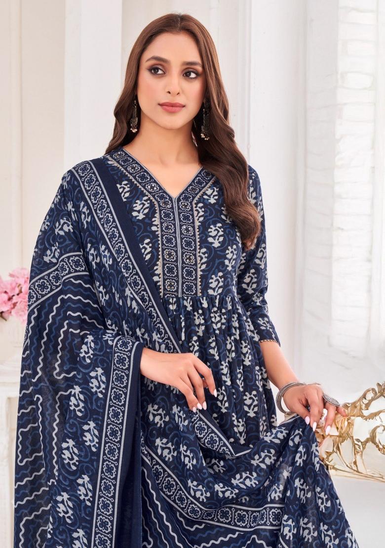 Navy Blue Printed Cotton Salwar Kameez With Dupatta