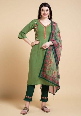 Mehendi Green Embroidered Rayon Salwar Kameez With Dupatta