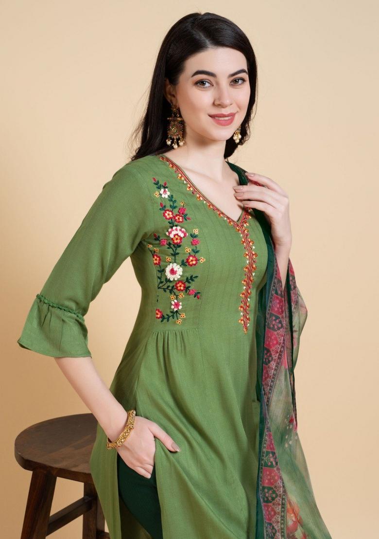 Mehendi Green Embroidered Rayon Salwar Kameez With Dupatta