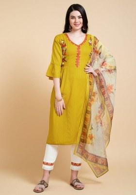 Yellow Embroidered Rayon Salwar Kameez With Dupatta