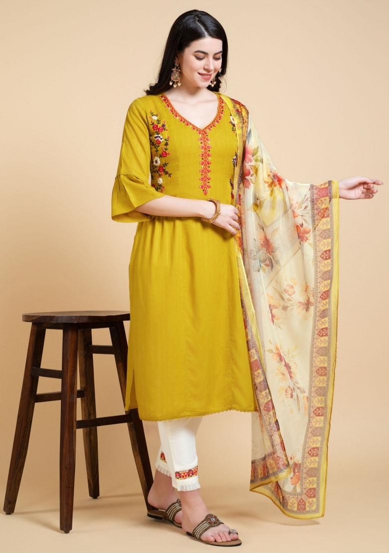 Yellow Embroidered Rayon Salwar Kameez With Dupatta