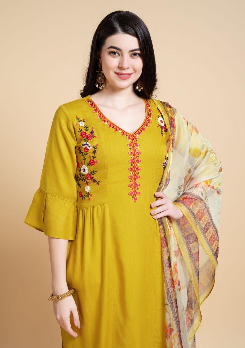 Yellow Embroidered Rayon Salwar Kameez With Dupatta