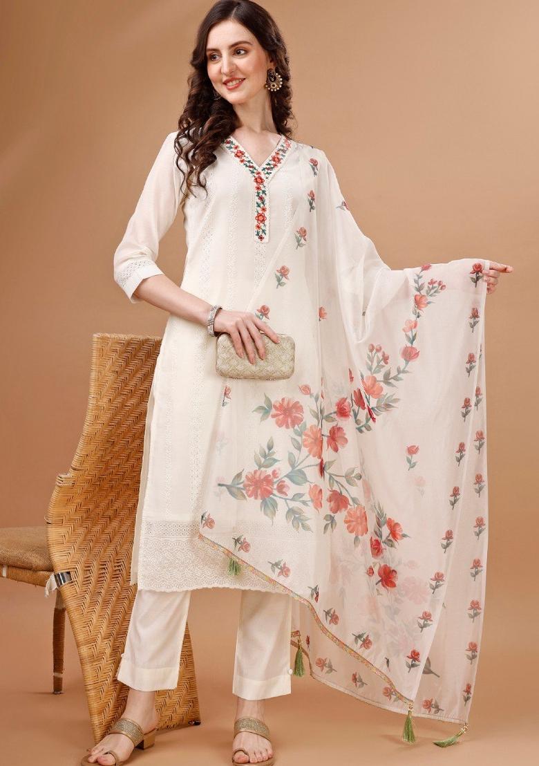 Off White Embroidered Chanderi Silk Salwar Kameez With Dupatta