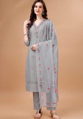 Light Grey Embroidered Chanderi Silk Salwar Kameez With Dupatta