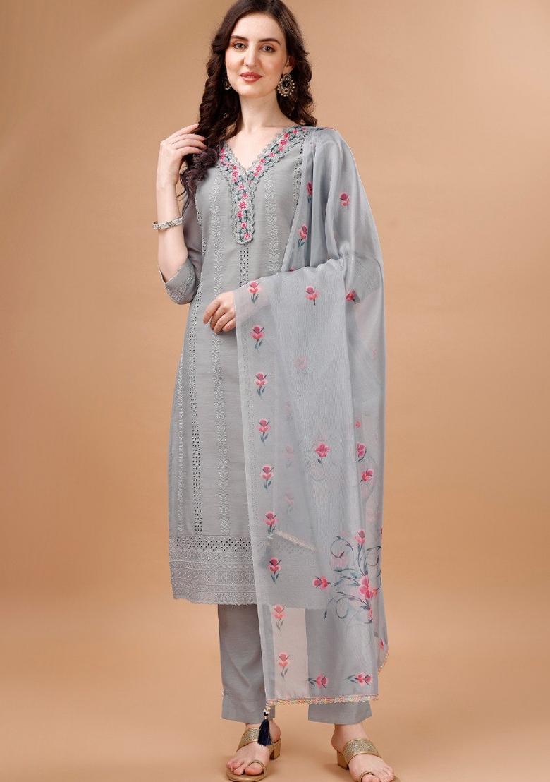 Light Grey Embroidered Chanderi Silk Salwar Kameez With Dupatta