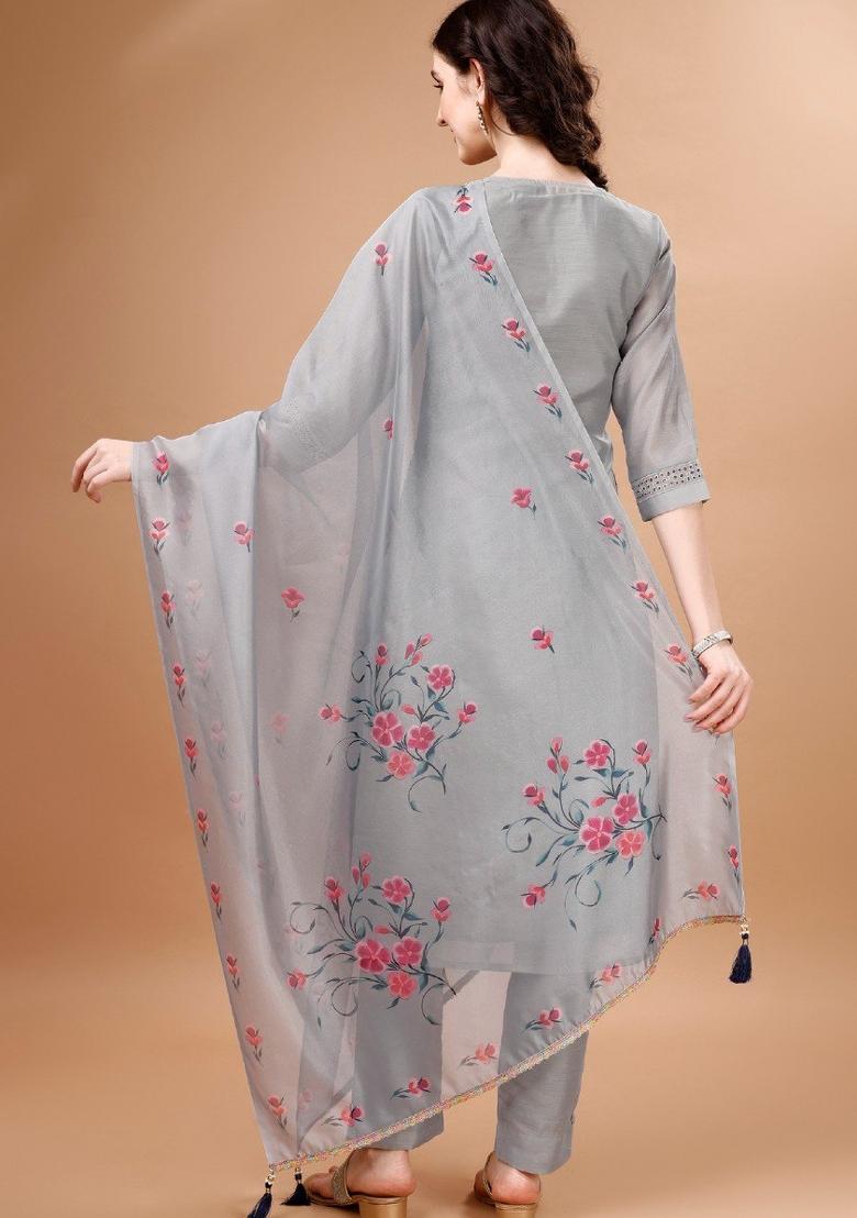 Light Grey Embroidered Chanderi Silk Salwar Kameez With Dupatta