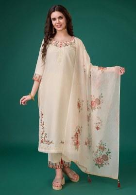 Cream Embroidered Viscose Silk Salwar Kameez With Dupatta