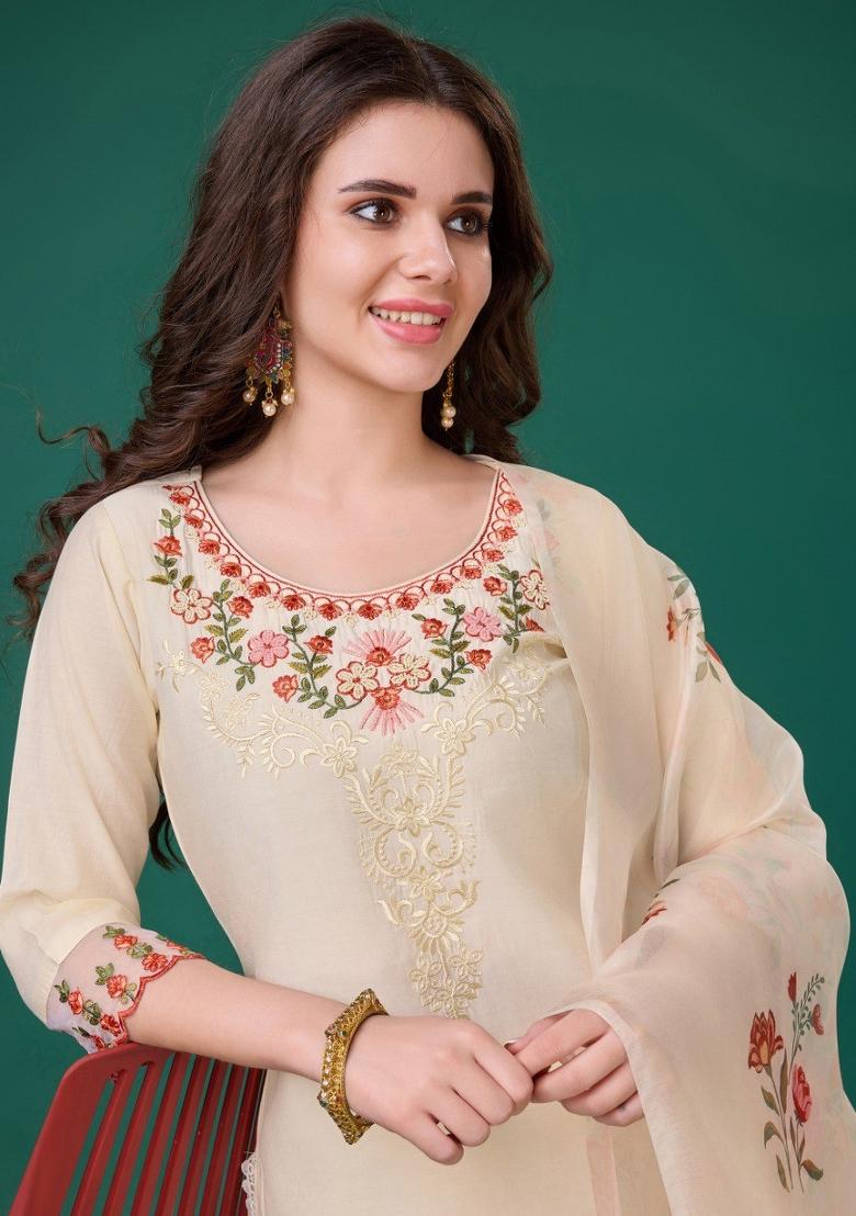 Cream Embroidered Viscose Silk Salwar Kameez With Dupatta