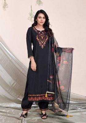 Black Embroidered Viscose Silk Salwar Kameez With Dupatta