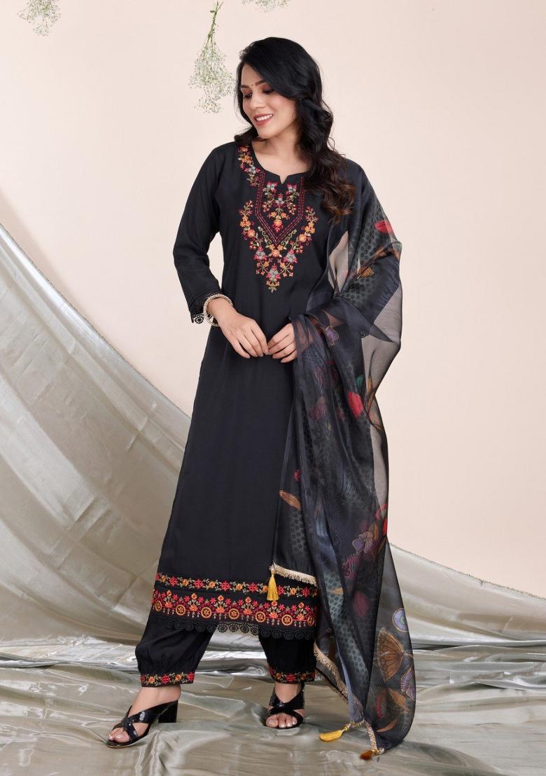 Black Embroidered Viscose Silk Salwar Kameez With Dupatta