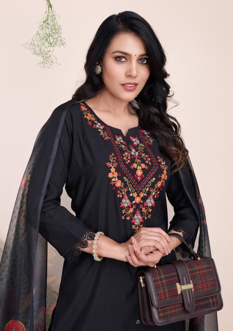 Black Embroidered Viscose Silk Salwar Kameez With Dupatta