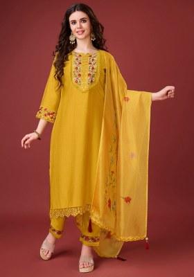 Yellow Embroidered Viscose Silk Salwar Kameez With Dupatta
