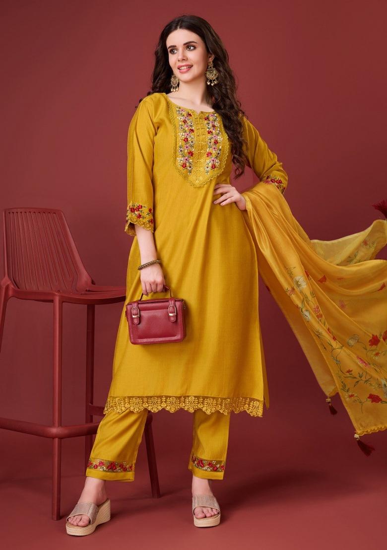 Yellow Embroidered Viscose Silk Salwar Kameez With Dupatta