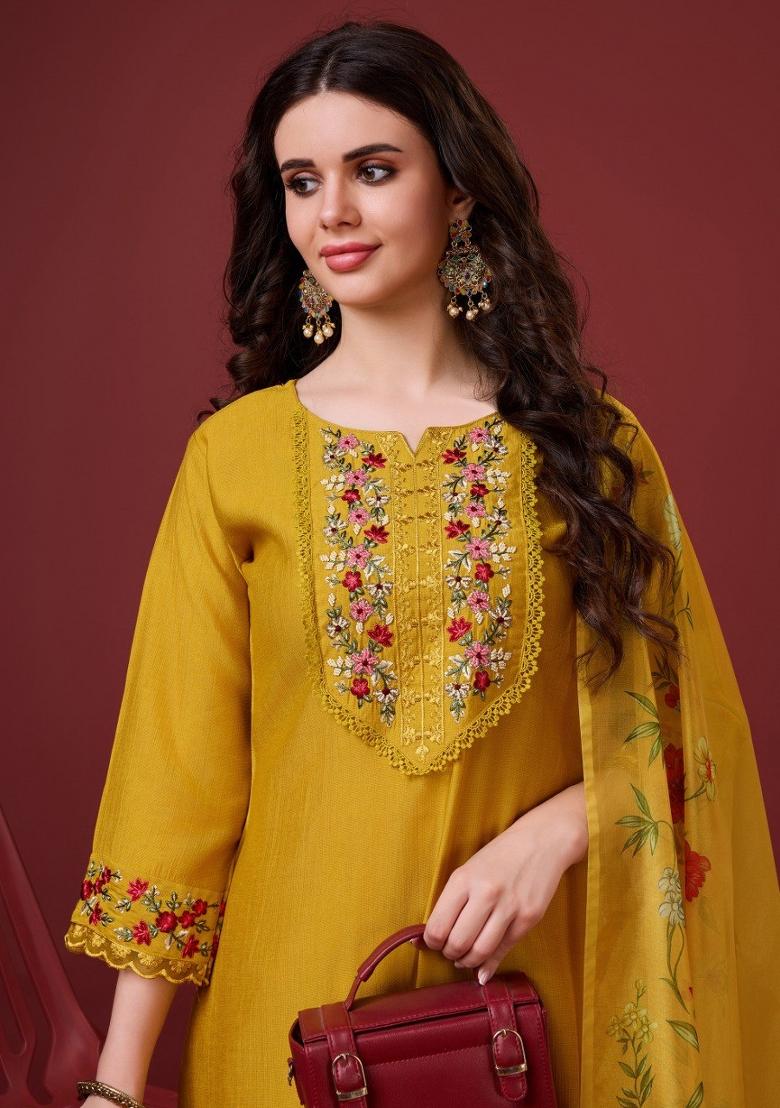 Yellow Embroidered Viscose Silk Salwar Kameez With Dupatta