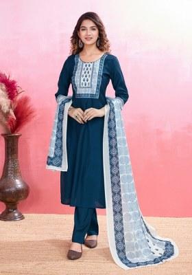 Aqua Blue Printed Viscose Silk Salwar Kameez With Dupatta
