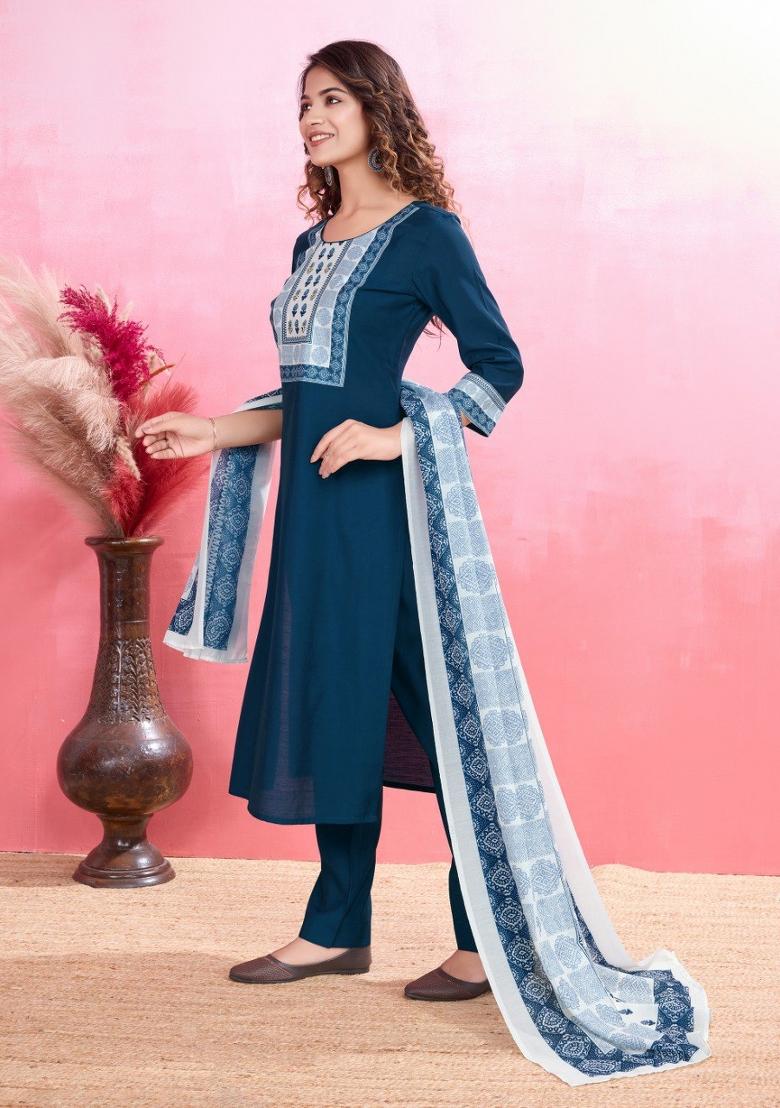 Aqua Blue Printed Viscose Silk Salwar Kameez With Dupatta