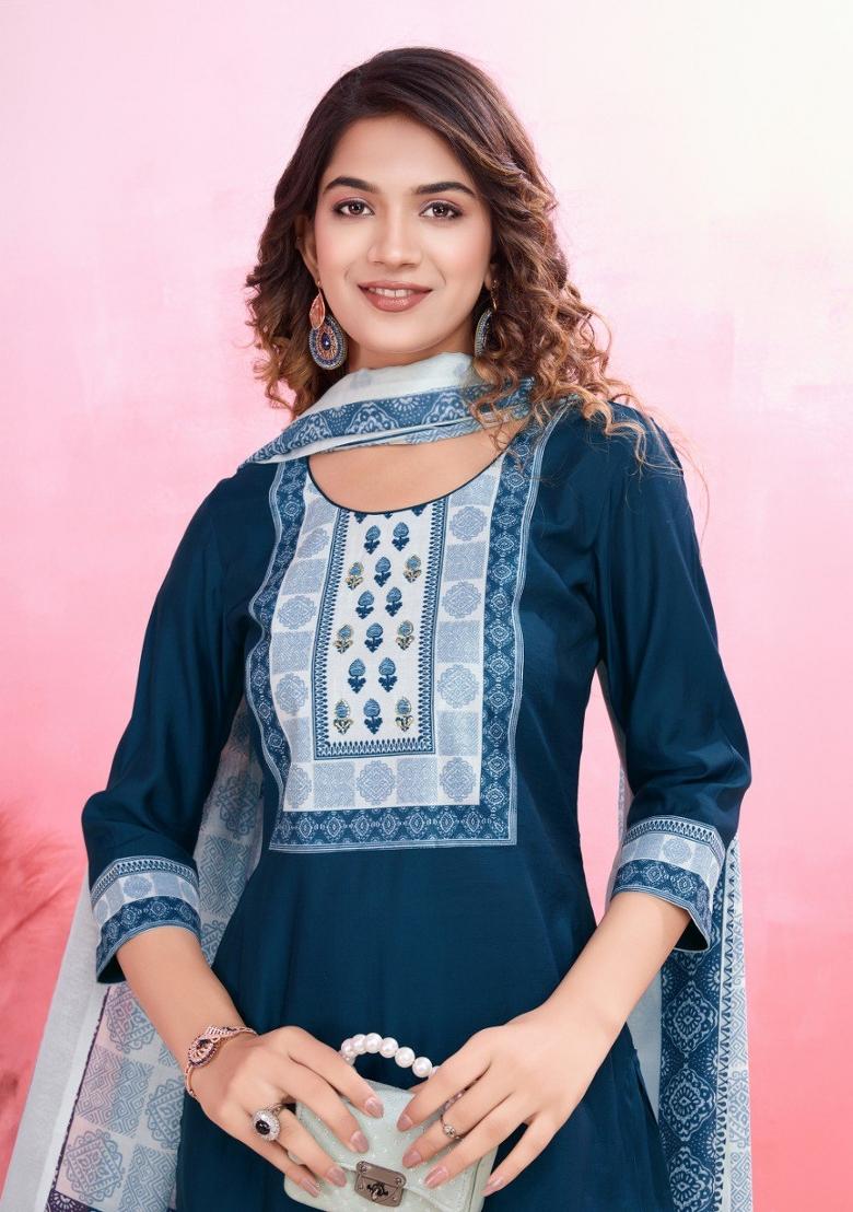 Aqua Blue Printed Viscose Silk Salwar Kameez With Dupatta