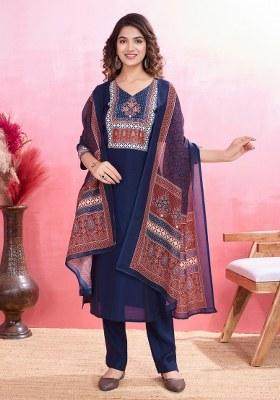 Blue Printed Viscose Silk Salwar Kameez With Dupatta