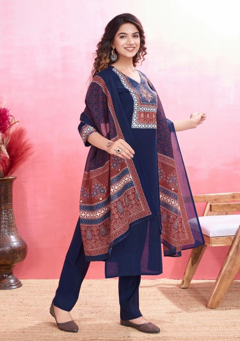 Blue Printed Viscose Silk Salwar Kameez With Dupatta