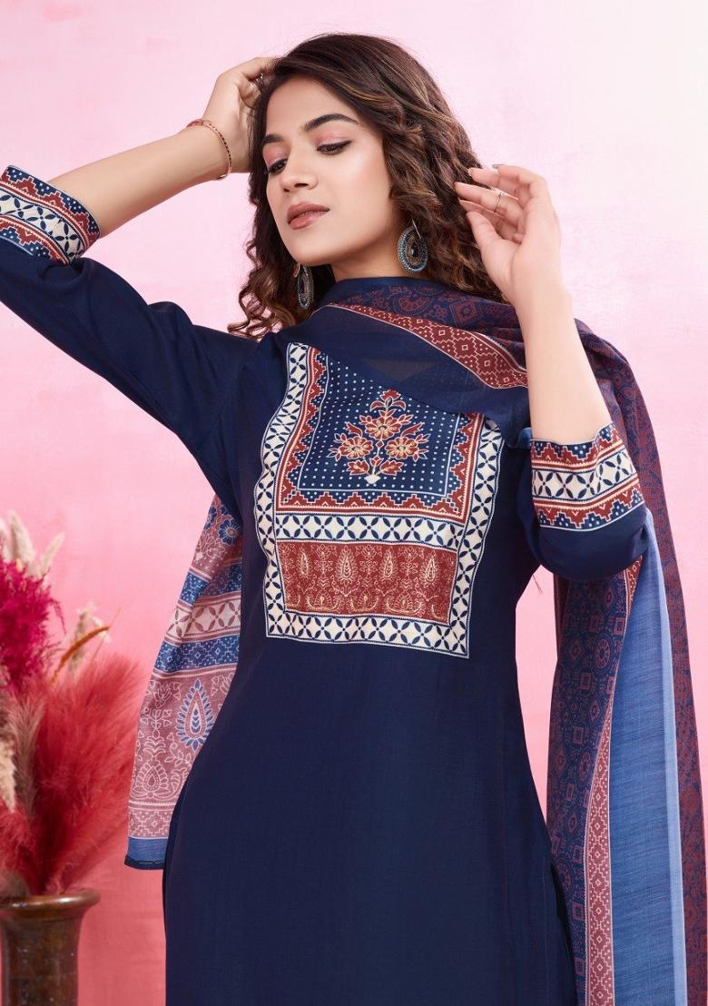 Blue Printed Viscose Silk Salwar Kameez With Dupatta