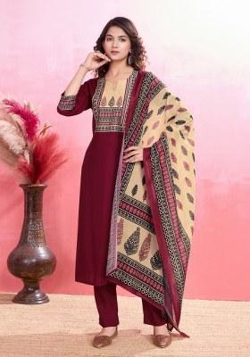 Maroon Printed Viscose Silk Salwar Kameez With Dupatta