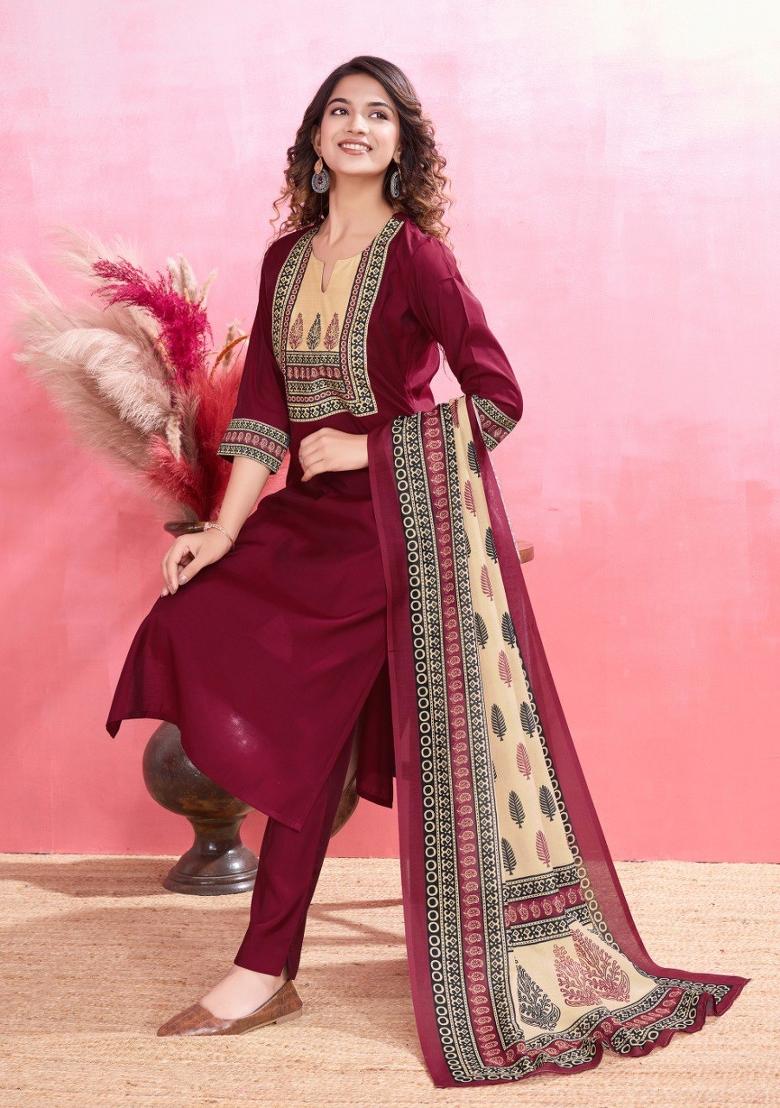 Maroon Printed Viscose Silk Salwar Kameez With Dupatta